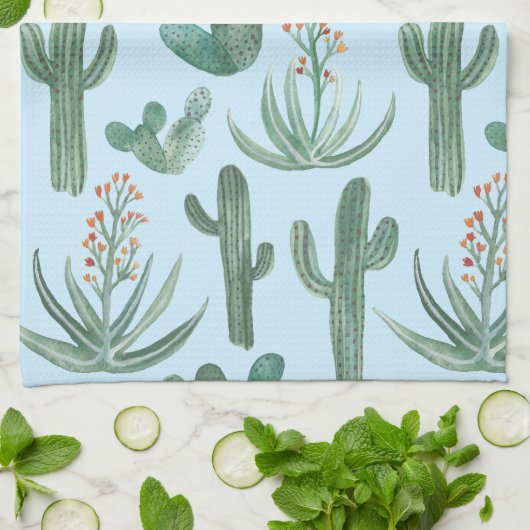 サグアーロサボス砂漠アロエパターンウォーターの色 キッチンタオル (折り畳み)