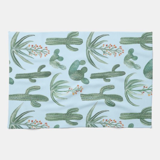 サグアーロサボス砂漠アロエパターンウォーターの色 キッチンタオル (横)