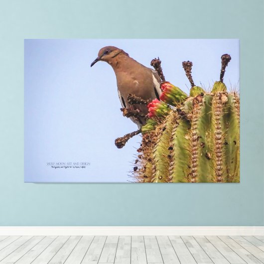 サグアーロサボテンの果実と白い翼の鳩60x40 キャンバスプリント (インサイチュ (ウッドフロア))