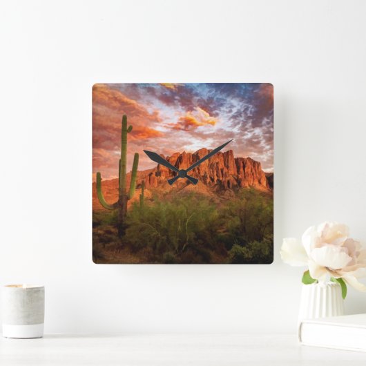 サグアーロサボテン迷信マウンテンサンセットアート スクエア壁時計 (ホーム)