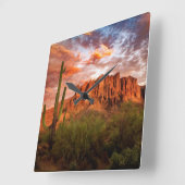 サグアーロサボテン迷信マウンテンサンセットアート スクエア壁時計 (傾斜)