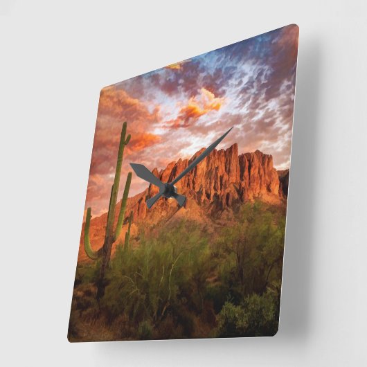 サグアーロサボテン迷信マウンテンサンセットアート スクエア壁時計 (傾斜)