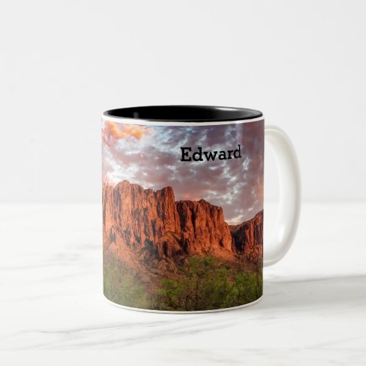 サグアーロサボテン迷信マウンテンサンセットアート ツートーンマグカップ (正面右)