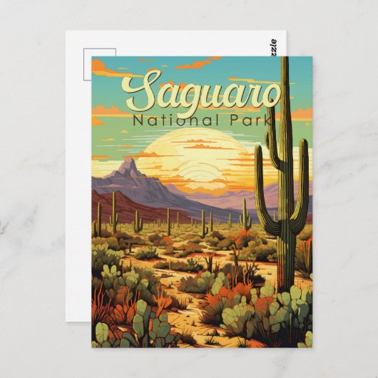 サグアーロナショナルパークイラストレーションレトロ ポストカード (正面/裏面)
