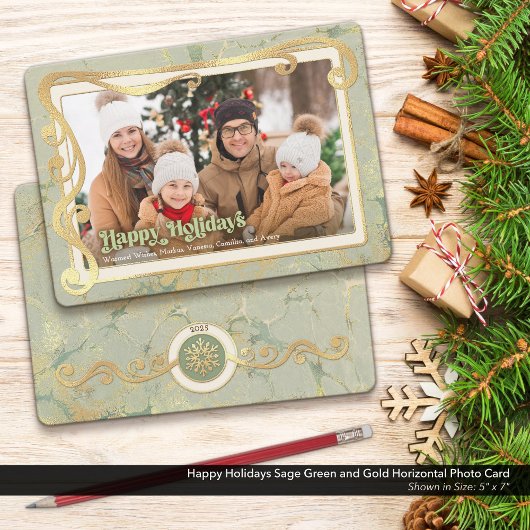 サググリーンとゴールドの写真のホリデーカードです。 シーズンカード