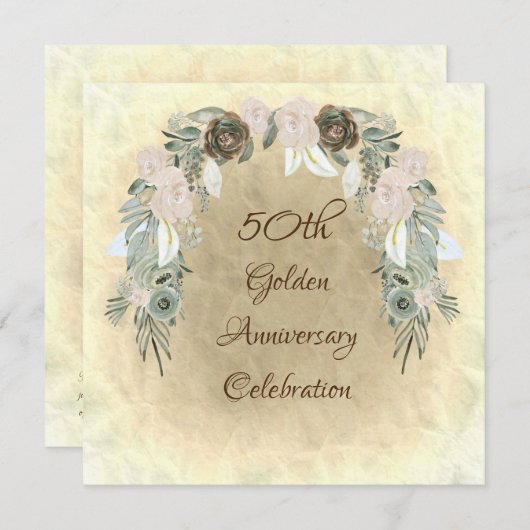 サググリーンの水彩花 ゴールドの結婚50周年 招待状 (正面/裏面)