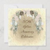 サググリーンの水彩花 ゴールドの結婚50周年 招待状 (正面)