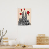 サグラダファミリアと赤い熱気球 ポスター (キッチン)