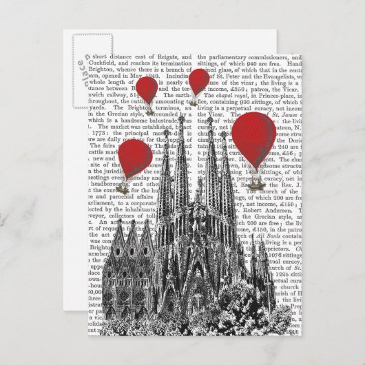 サグラダファミリアと赤い熱気球 ポストカード (正面/裏面)