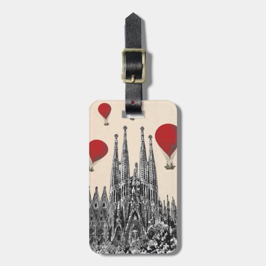 サグラダファミリアと赤ホットエアバルーン2 ラゲッジタグ (正面縦)