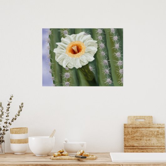 サグ図解入りの、写真付きのアロサボテン白花 ポスター (キッチン)