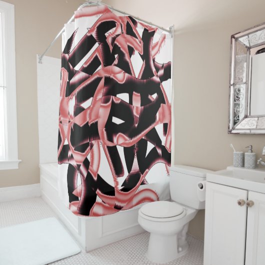 サケと黒いスクラップ、テープを白で破壊 シャワーカーテン (インサイチュ)