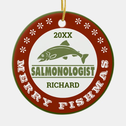 サケユーモアのあるの魚釣りのパーソナライズ セラミックオーナメント (正面)