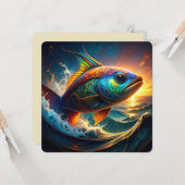 サケ・オブ・ナレッジ鮮やか・フィッシュ・サンセット海・アート カード (正面/裏面インサイチュ)