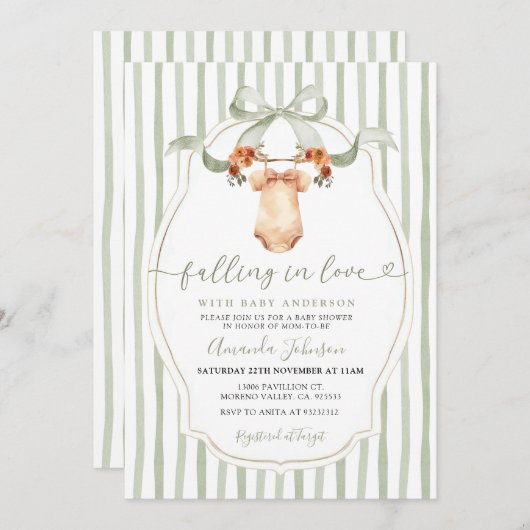 サゲの恋に落ちるクロースレイン赤ちゃんシャワー 招待状 (正面/裏面)