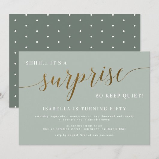 サゲモダン&金ゴールドスクリプトサプライズ誕生日パーティー 招待状 (正面/裏面)