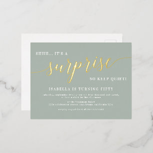 サゲモダン&金ゴールドスクリプトサプライズ誕生日パーティー 箔招待状ポストカード