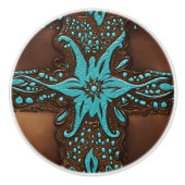 サザンカウボーイブラウンターコイズウエスタンカントリー セラミックノブ (正面)