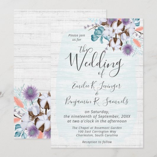 サザンカントリーコットンボールボタニカルラスティックウッド 招待状 (正面/裏面)