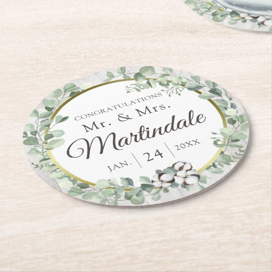 サザンカントリーコットンボール植物木素朴材 ラウンドペーパーコースター (アングル)