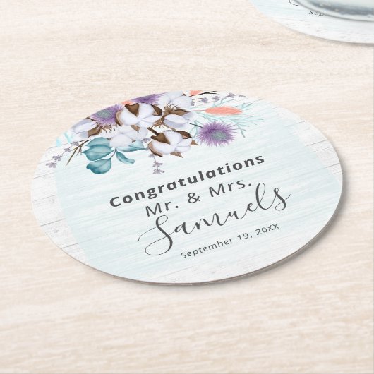 サザンカントリーコットンボール植物木素朴材 ラウンドペーパーコースター (アングル)