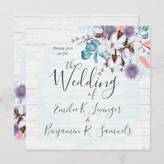 サザンカントリーコットンボール植物木素朴材 招待状 (正面/裏面)