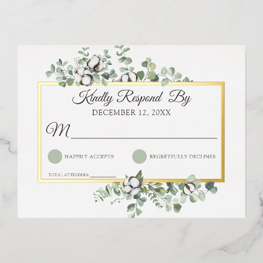 サザンコットン素朴ボルボタニカルウェディングRSVP 箔招待状ポストカード (正面)