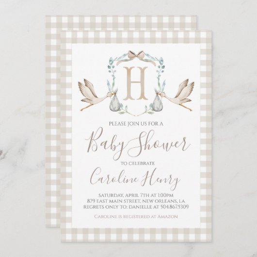 サザンタン名門私立校風のストークベビーシャワー招待状 招待状 (正面/裏面)