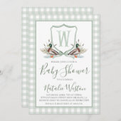 サザンダック名門私立校風のセージ緑の少年の赤ちゃんシャワー 招待状 (正面/裏面)