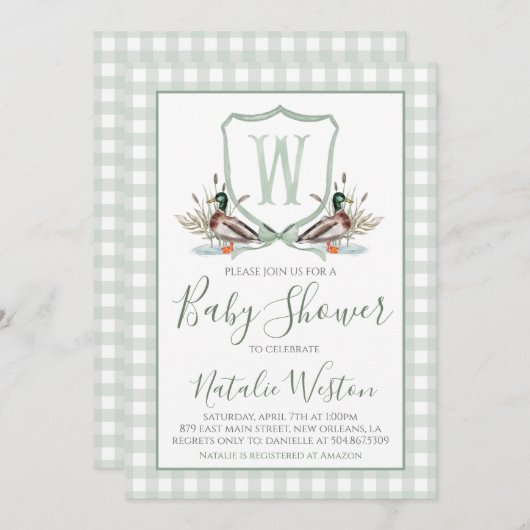 サザンダック名門私立校風のセージ緑の少年の赤ちゃんシャワー 招待状 (正面/裏面)