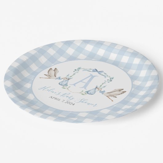 サザンブルー名門私立校風のボーイコウノトリ赤ちゃんシャワー ペーパープレート (アングル)