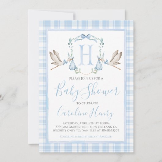 サザンブルー名門私立校風のボーイコウノトリ赤ちゃんシャワー 招待状 (正面)