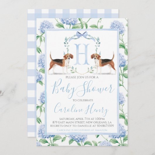 サザンブルー名門私立校風のボーイビーグル赤ちゃんシャワー 招待状 (正面/裏面)