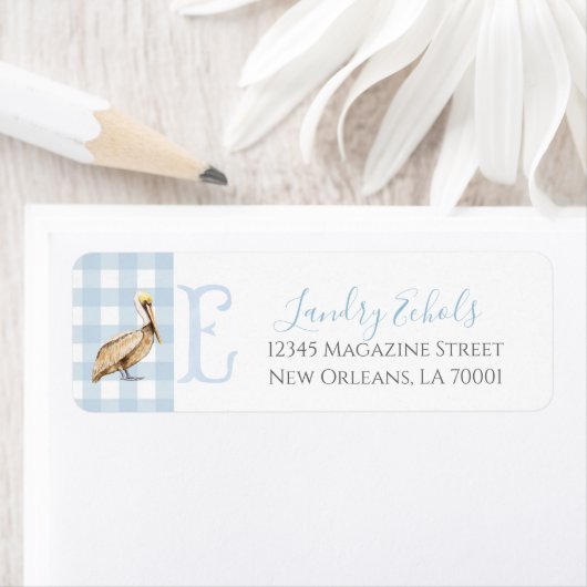 サザンブルー名門私立校風のボーイペリカンベビーシャワー ラベル (インサイチュ)