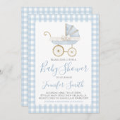 サザンブルー名門私立校風のボーイ馬車の赤ちゃんシャワー 招待状 (正面/裏面)