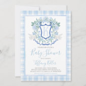 サザンブルー名門私立校風のボーイ馬車の赤ちゃんシャワー 招待状 (正面)