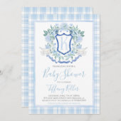 サザンブルー名門私立校風のボーイ馬車の赤ちゃんシャワー 招待状 (正面/裏面)