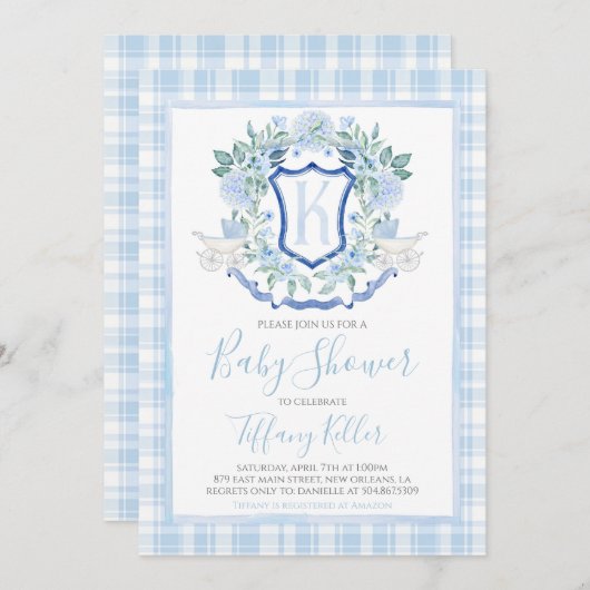 サザンブルー名門私立校風のボーイ馬車の赤ちゃんシャワー 招待状 (正面/裏面)