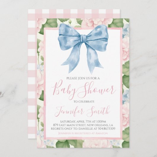 サザンブルー名門私立校風のボーガールベビーシャワー 招待状 (正面/裏面)