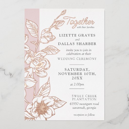 サザンマグノリアブロッサム赤面結婚フローラ 箔招待状 (正面)