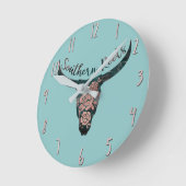 サザンルーツカントリーLonghorn Pink Rose & Green ラウンド壁時計 (傾斜)
