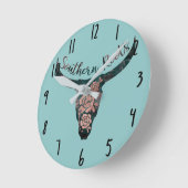 サザンルーツカントリーLonghorn Pink Rose & Green ラウンド壁時計 (傾斜)