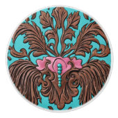 サザン女性のカーボーイブラウンターコイズウエスタンカントリー セラミックノブ (正面)