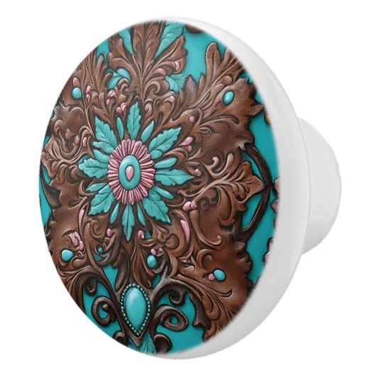 サザン女性のカーボーイブラウンターコイズウエスタンカントリー セラミックノブ (右)