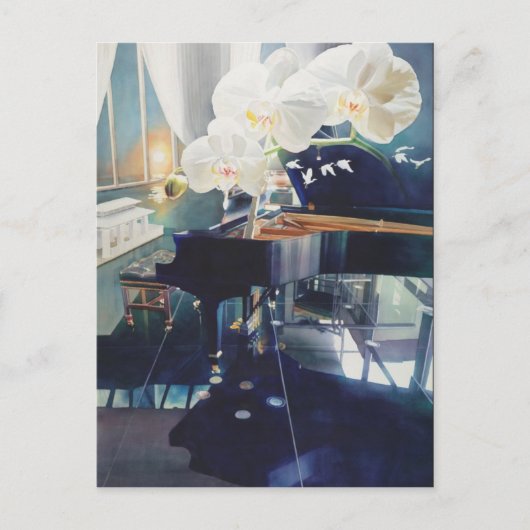 "サザン・エクスポージャー" ピアノと花の水彩画 ポストカード (正面)