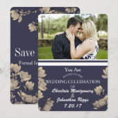 サザン・マグノリア フォト & ミッドナイト ブルー ウェディング セーブザデート (正面/裏面)