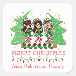 サシー小妖精や小人踊りのまわりにクリスマスツリー スクエアシール