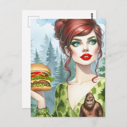 サスカッチを探して森の中のチーズバーガー ポストカード (正面/裏面)