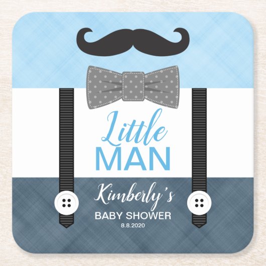 サスペンダー小さな男の子の青い海軍の男の子の赤ちゃんシャワー スクエアペーパーコースター (正面)