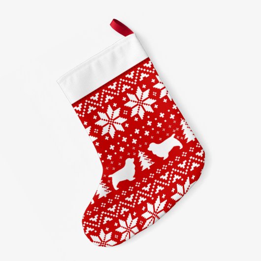 サセックススパニエル犬は赤と白パターンのシルエットを描きます スモールクリスマスストッキング (裏面 (吊り時))